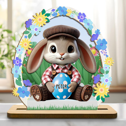 Celebrate Spring With Bunny, Flowers And Easter Egg - Personalized Custom 2-Layer Wood Plaque With Flat Base - GRK002_WPLA