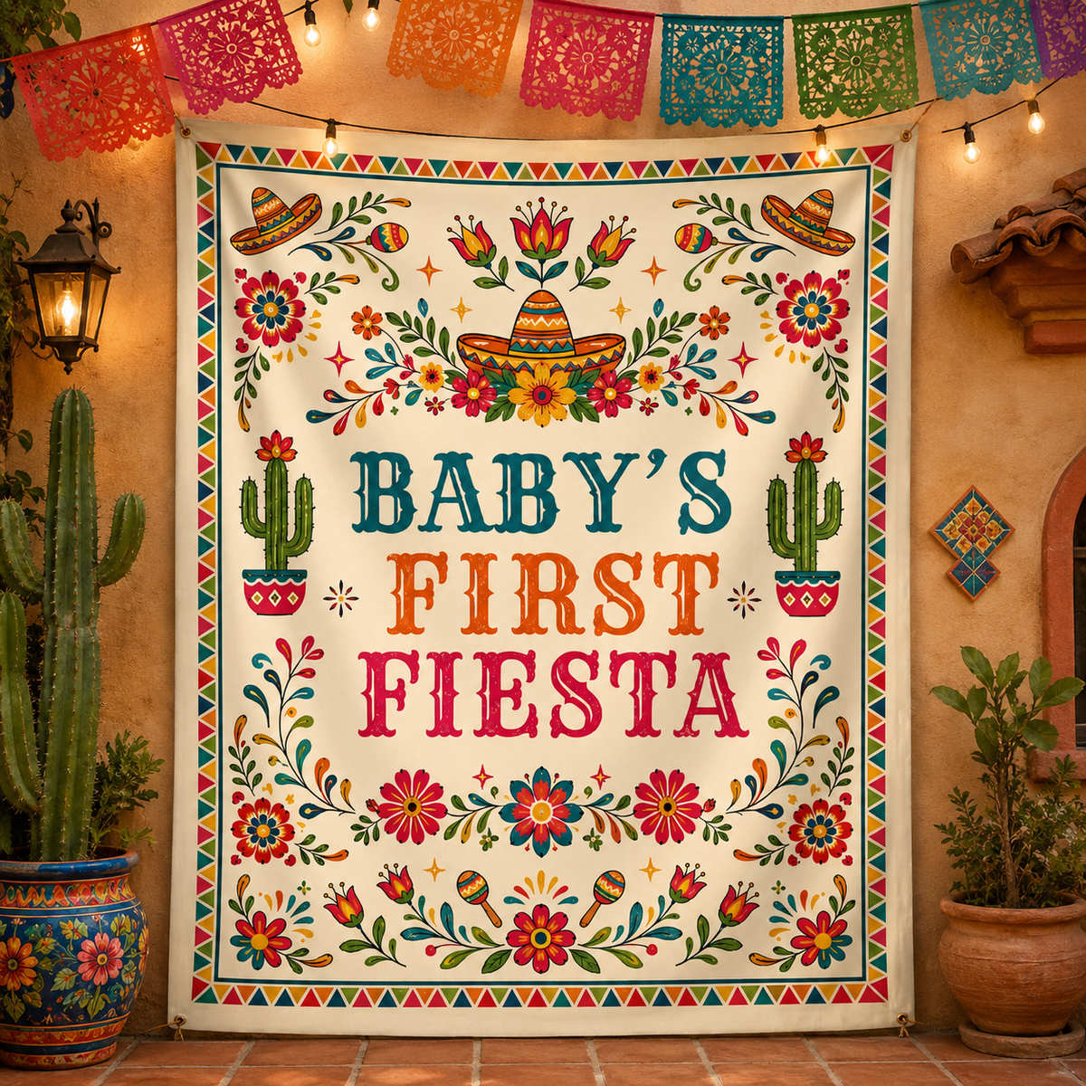 Baby's First Fiesta With Sombrero And Cactus Flowers - Personalized Backdrop - HSP062_BADRO