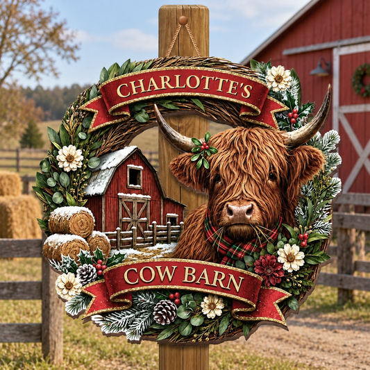 Our Cow Barn Highland Cow And Red Barn Winter Wreath - Personalized Custom Shaped Wood Sign - FARM162_WSIGN