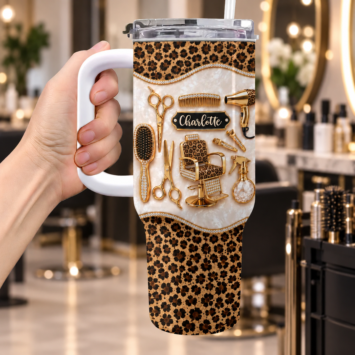 Custom Name Mother Of Pearl Mosaic Hairdresser Leopard Styling Tools - Personalized 40oz Tumbler With Straw - HAIR152_TBS