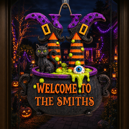 Welcome To The Family Witch Legs And Black Cat Cauldron - Personalized Custom Shaped Wood Sign - HALW135_WSIGN