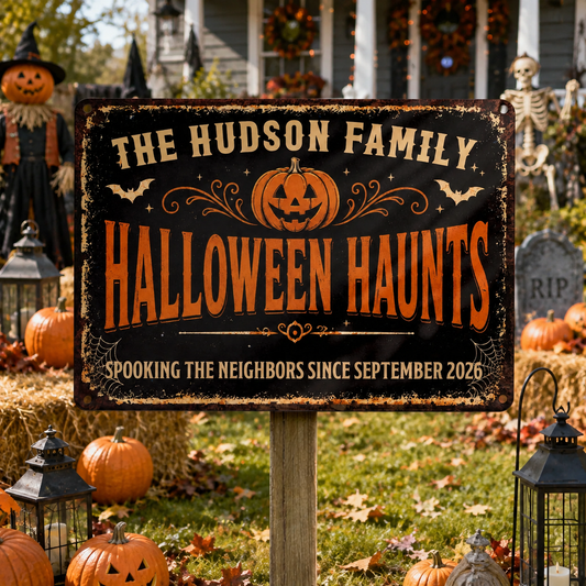 Our Family Halloween Haunts Spooking The Neighbors Pumpkin Metal Sign - Personalized Metal Sign - HALW096_MSIGN