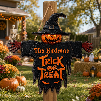Trick Or Treat Scary Pumpkin Scarecrow With Witch Hat - Personalized Custom Shaped Wood Sign - HALW124_WSIGN