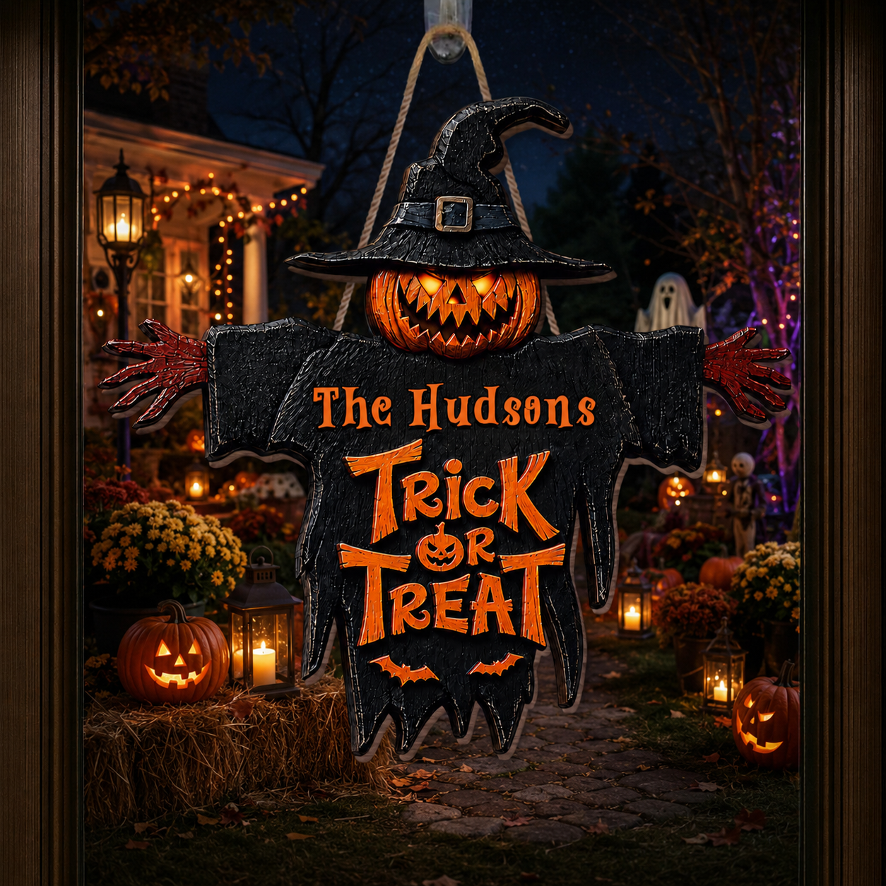 Trick Or Treat Scary Pumpkin Scarecrow With Witch Hat - Personalized Custom Shaped Wood Sign - HALW124_WSIGN
