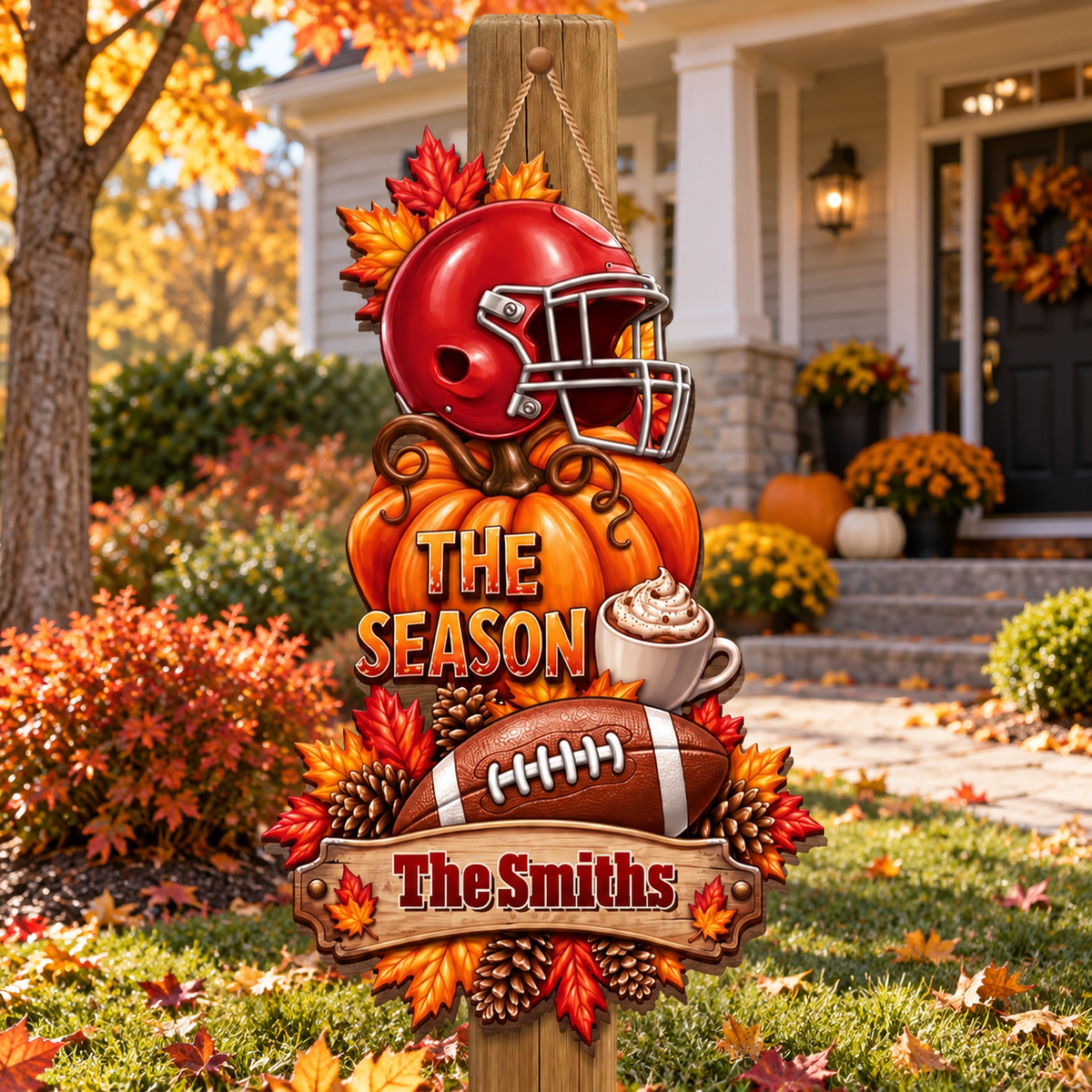 The Season Football Helmet Pumpkin And Autumn Leaves Custom Family Name - Personalized Custom Shaped Wood Sign - FAM1340_WSIGN