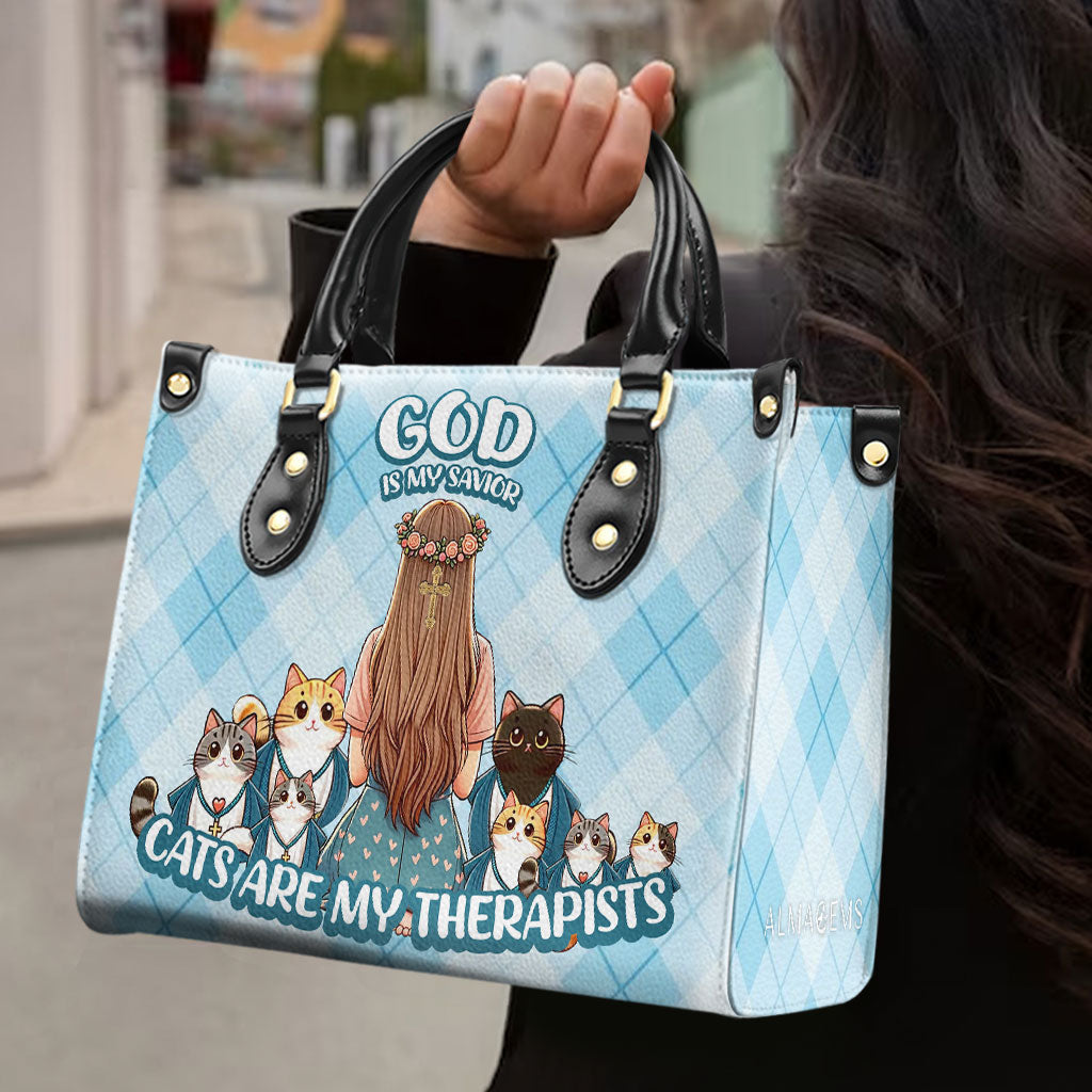 Los gatos son mis terapeutas: bolso de mano de cuero personalizado para amantes de los gatos - LL24