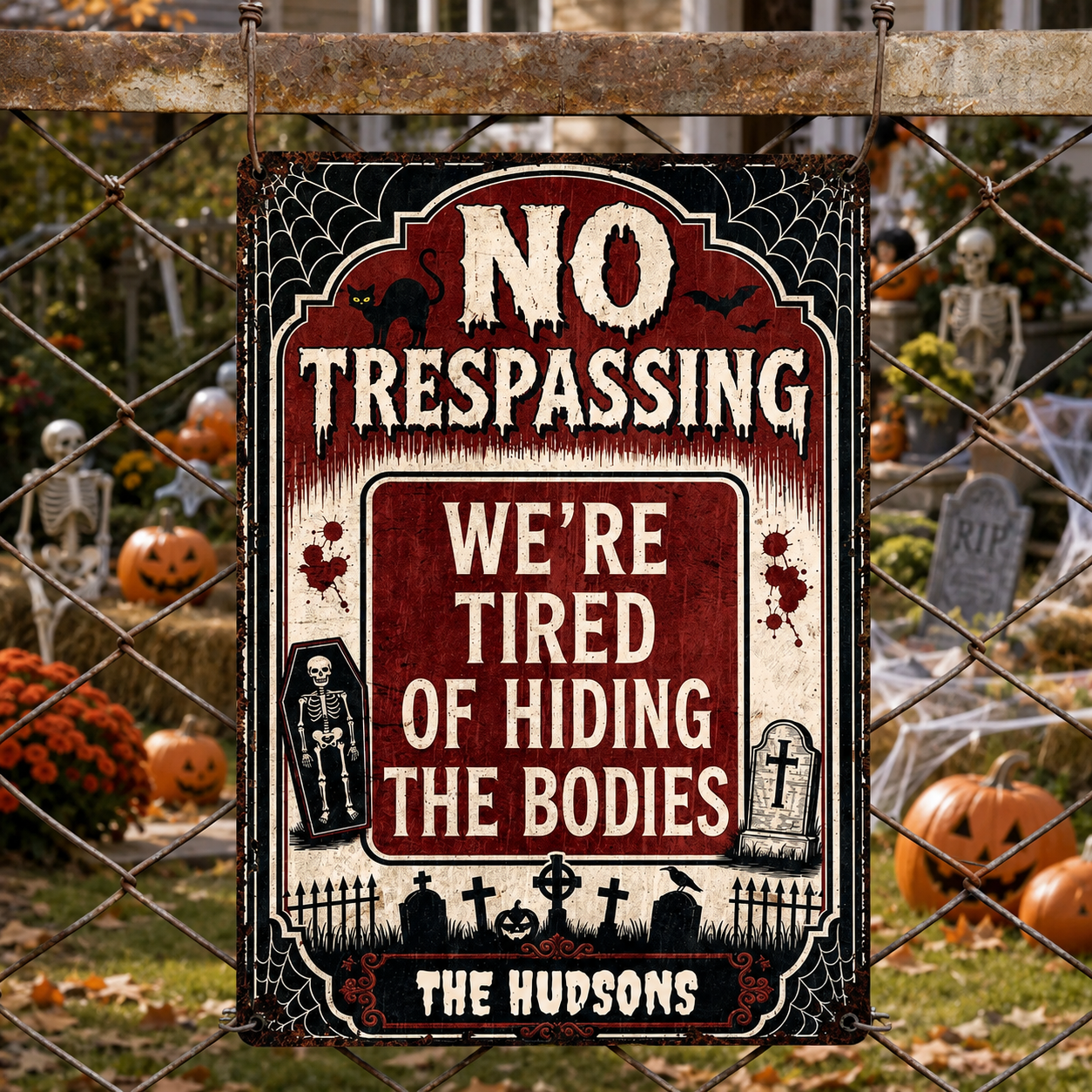No Trespassing We're Tired Of Hiding The Bodies Skeleton Graveyard Halloween - Personalized Metal Sign - HALW098_MSIGN
