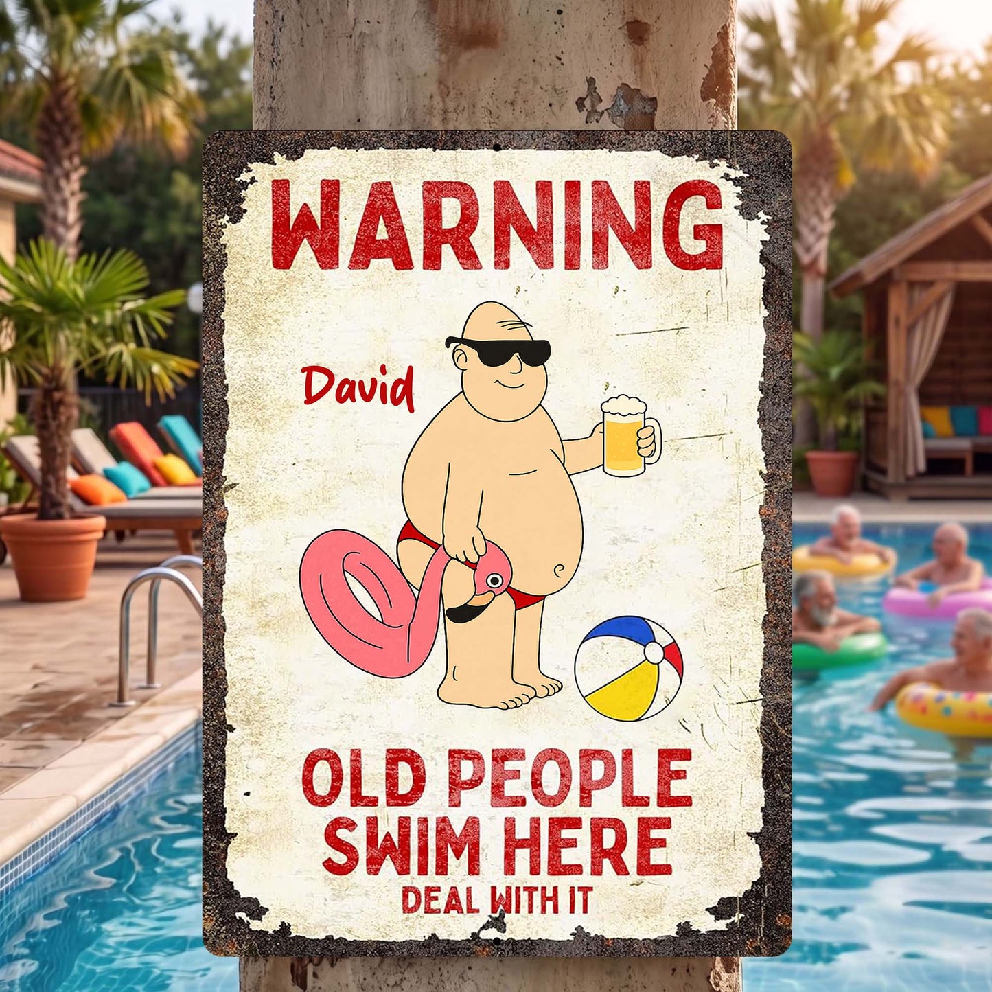 Warning Old People Swim Here Deal With It Pool Sign With Old Lady - Personalized Metal Sign - FAM900_MSIGN