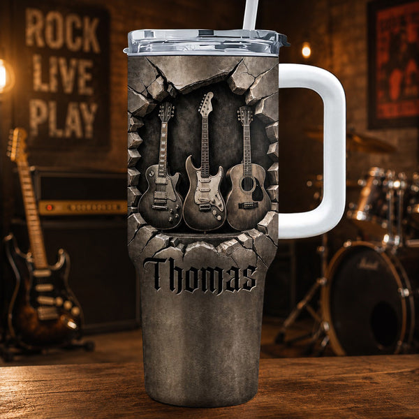 Rock Live Play Guitars Breaking Through Wall 3D Effect - Personalized 40oz Tumbler With Straw - MUSIC097_TBS