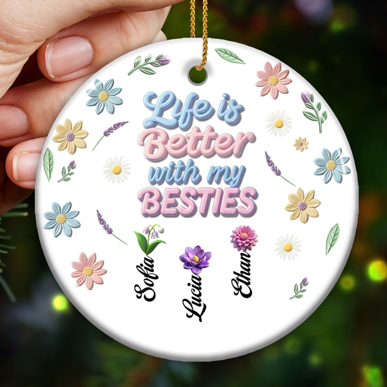 La vie est meilleure avec mes meilleurs amis, magnifique motif floral – Décoration en céramique personnalisée de forme ronde – BST064_RCE