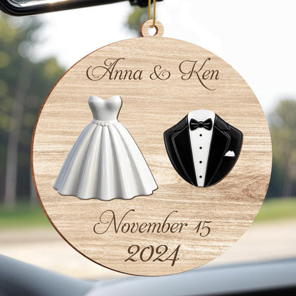 Celebrate Love Together Forever With Wedding Dress And Tuxedo - Personalized Custom Wood Ornament, Custom Shaped - CPL121_WDO