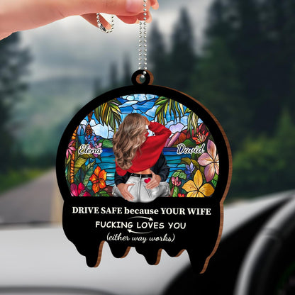 Drive Safe Cityscape Ornament With Stained Glass Style And Heart - Personalized Custom Wood Ornament, Car Hanging Ornament - CPL295_WCA