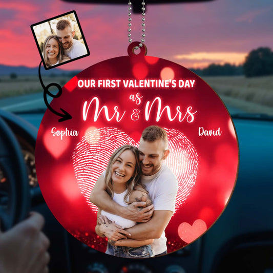 Our First Valentine's Day As Mr & Mrs With Hearts And Couple - Personalized Custom Wood Ornament, Car Hanging Ornament - CPL338_WCA