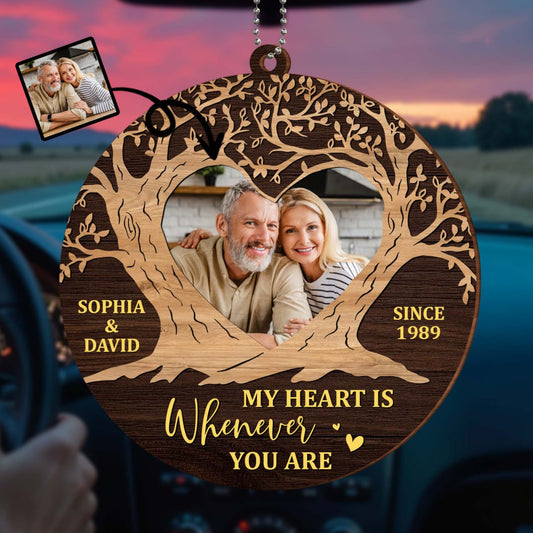 My Heart Is Wherever You Are Tree and Heart Design - Personalized Custom Wood Ornament, Car Hanging Ornament - CPL355_WCA