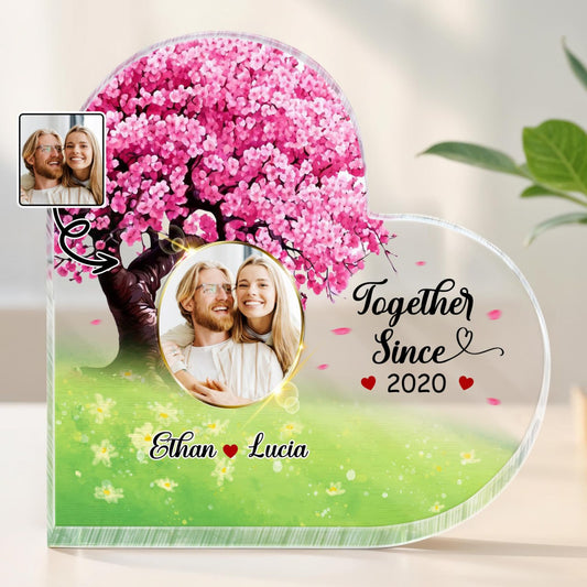 Together Since Year Cherry Blossoms And Couple Design - Personalized Heart Shaped Acrylic Plaque - CPL360_HAP