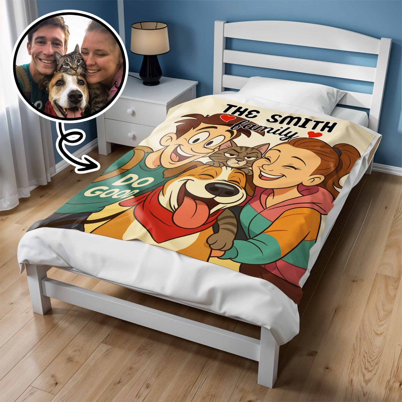 The Smith Family With Dog And Cat - Personalized Custom Blanket - FAM402_BLK