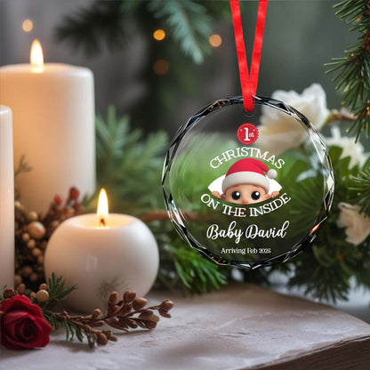 1st Christmas On The Inside With Baby In Santa Hat - Personalized Custom Circle Glass Ornament - KID217_CGOR