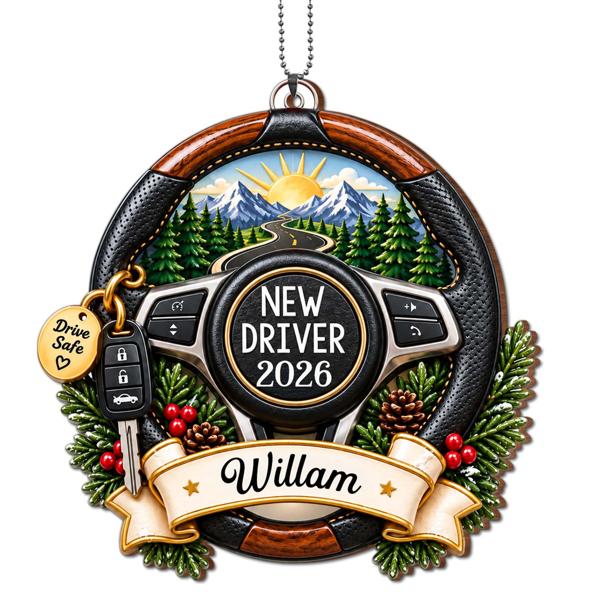New Driver Drive Safe Steering Wheel Road Trip Landscape - Personalized Custom Wood Ornament, Car Hanging Ornament - XMAS396_WCA