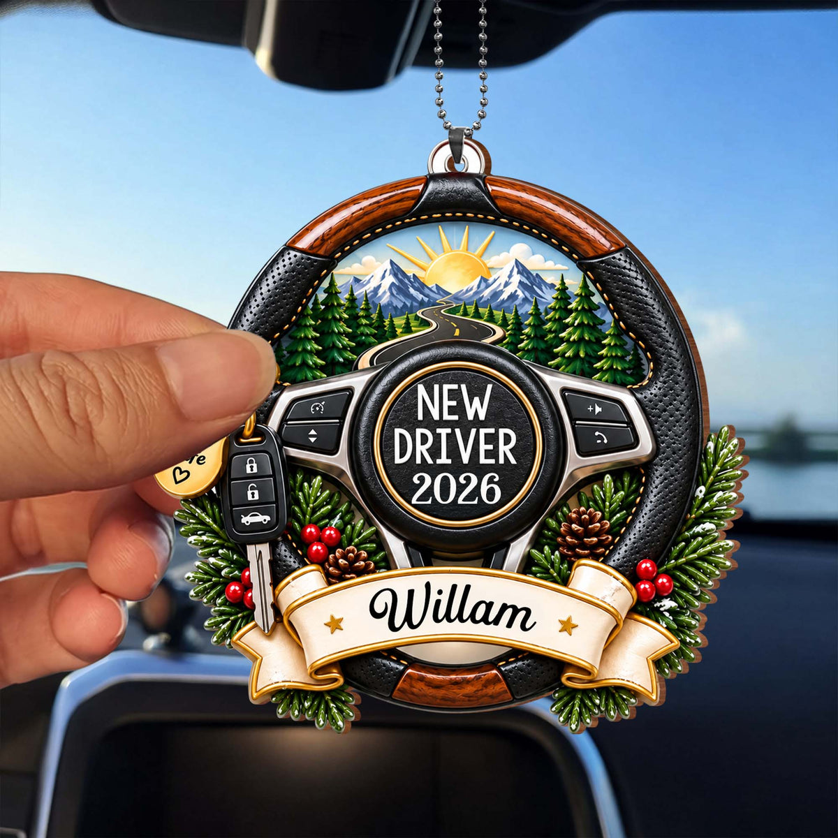 New Driver Drive Safe Steering Wheel Road Trip Landscape - Personalized Custom Wood Ornament, Car Hanging Ornament - XMAS396_WCA
