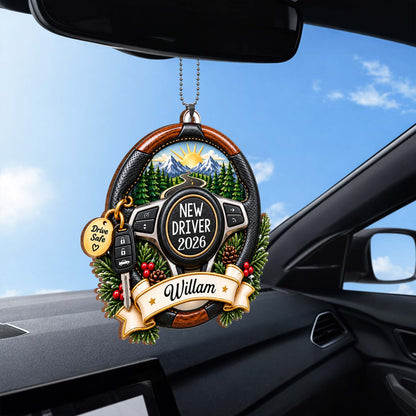 New Driver Drive Safe Steering Wheel Road Trip Landscape - Personalized Custom Wood Ornament, Car Hanging Ornament - XMAS396_WCA