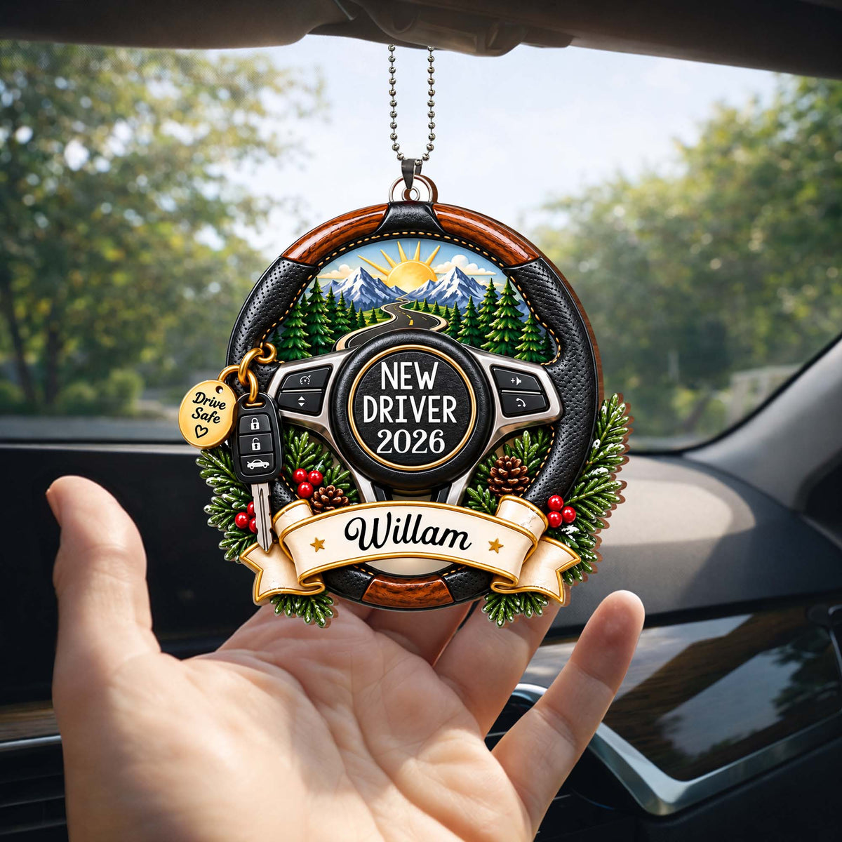 New Driver Drive Safe Steering Wheel Road Trip Landscape - Personalized Custom Wood Ornament, Car Hanging Ornament - XMAS396_WCA