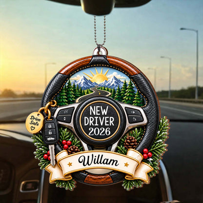 New Driver Drive Safe Steering Wheel Road Trip Landscape - Personalized Custom Wood Ornament, Car Hanging Ornament - XMAS396_WCA